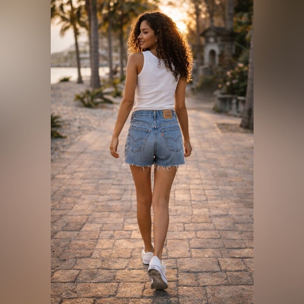Vintage Levis Cut Off Orange Tab Denim Shorts Blue 33 High Rise Raw Hem Casual